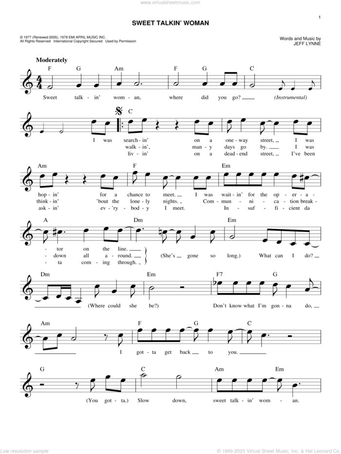 Sweet Talkin' Woman sheet music for voice and other instruments (fake book) by Electric Light Orchestra and Jeff Lynne, easy skill level
