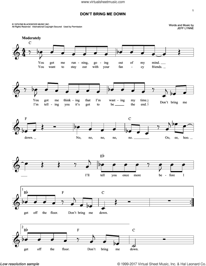 Don't Bring Me Down sheet music for voice and other instruments (fake book) by Electric Light Orchestra and Jeff Lynne, easy skill level