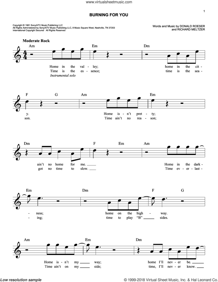 Burning For You sheet music for voice and other instruments (fake book) by Blue Oyster Cult, Donald Roeser and Richard Meltzer, easy skill level