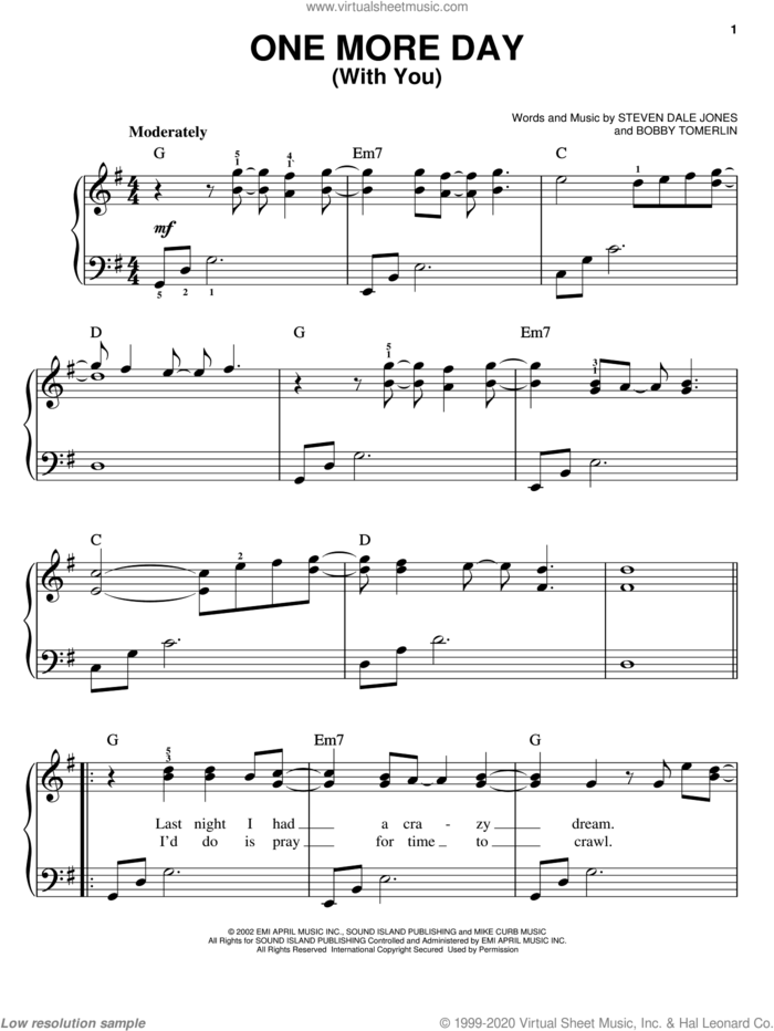 One More Day (With You) sheet music for piano solo by Diamond Rio, Bobby Tomerlin and Steven Dale Jones, easy skill level