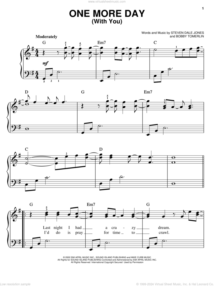 One More Day (With You) sheet music for piano solo by Diamond Rio, Bobby Tomerlin and Steven Dale Jones, easy skill level