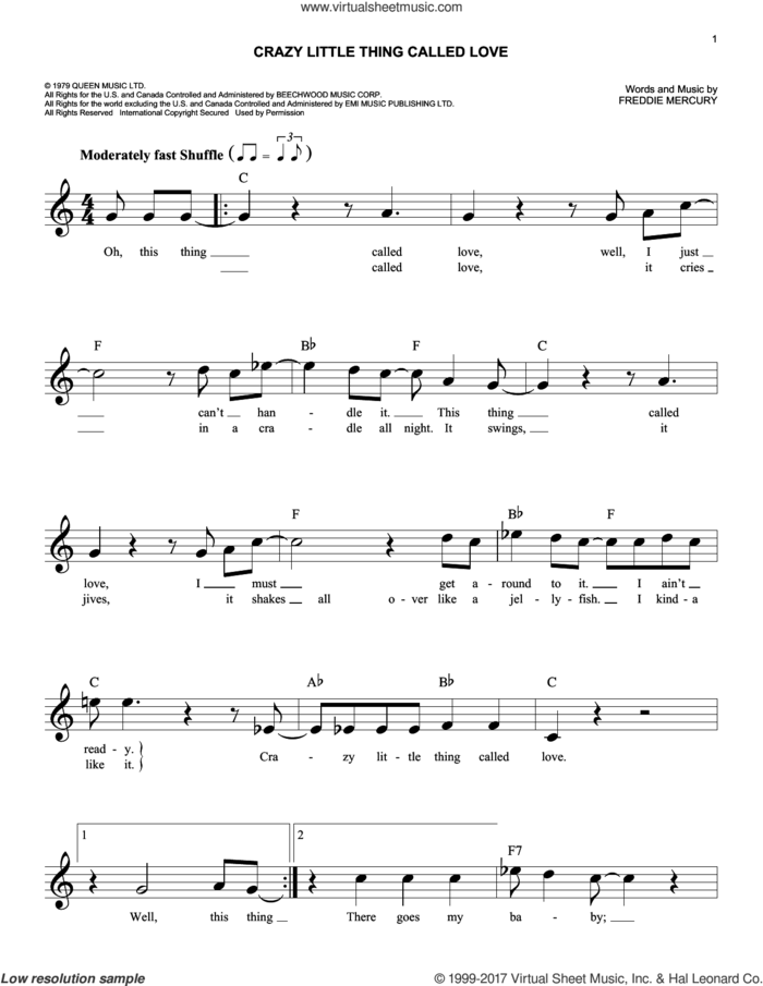 Crazy Little Thing Called Love sheet music for voice and other instruments (fake book) by Queen, Dwight Yoakam and Freddie Mercury, easy skill level