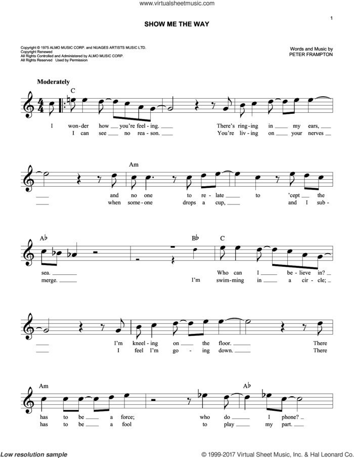 Show Me The Way sheet music for voice and other instruments (fake book) by Peter Frampton, intermediate skill level