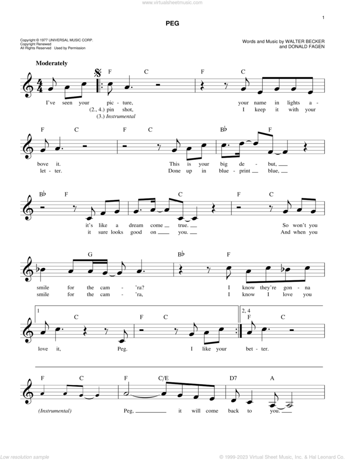 Peg sheet music for voice and other instruments (fake book) by Steely Dan, Donald Fagen and Walter Becker, easy skill level