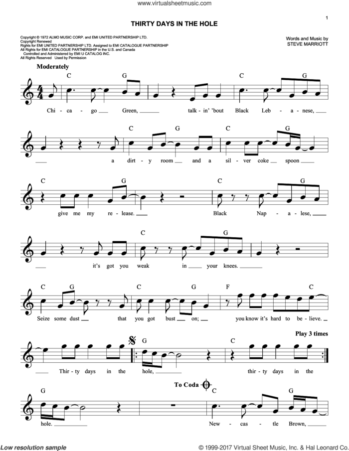 Thirty Days In The Hole sheet music for voice and other instruments (fake book) by Humble Pie and Steve Marriott, easy skill level