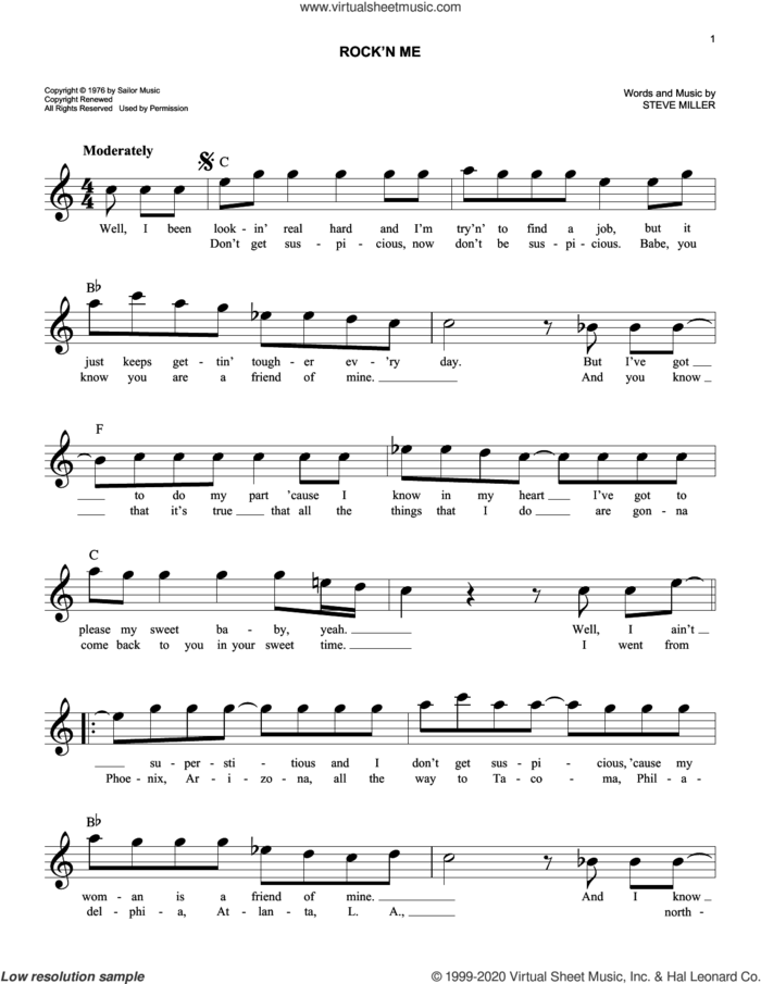 Rock'n Me sheet music for voice and other instruments (fake book) by Steve Miller Band and Steve Miller, easy skill level