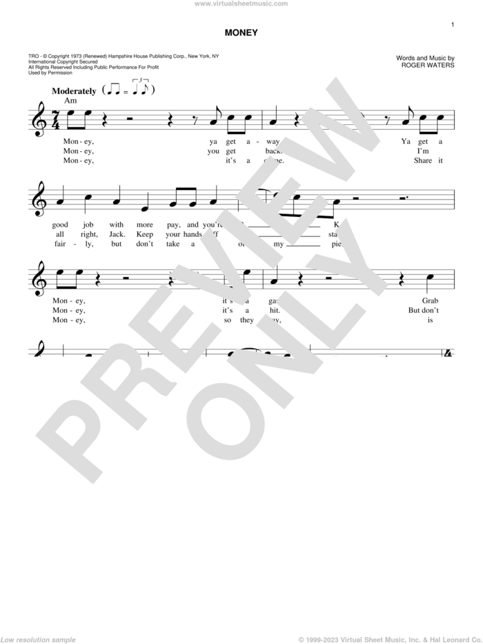Money sheet music for voice and other instruments (fake book) by Pink Floyd and Roger Waters, intermediate skill level