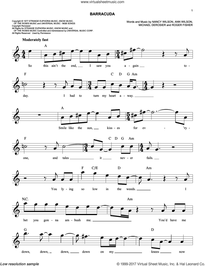 Barracuda sheet music for voice and other instruments (fake book) by Heart, Ann Wilson, Michael Derosier, Nancy Wilson and Roger Fisher, easy skill level