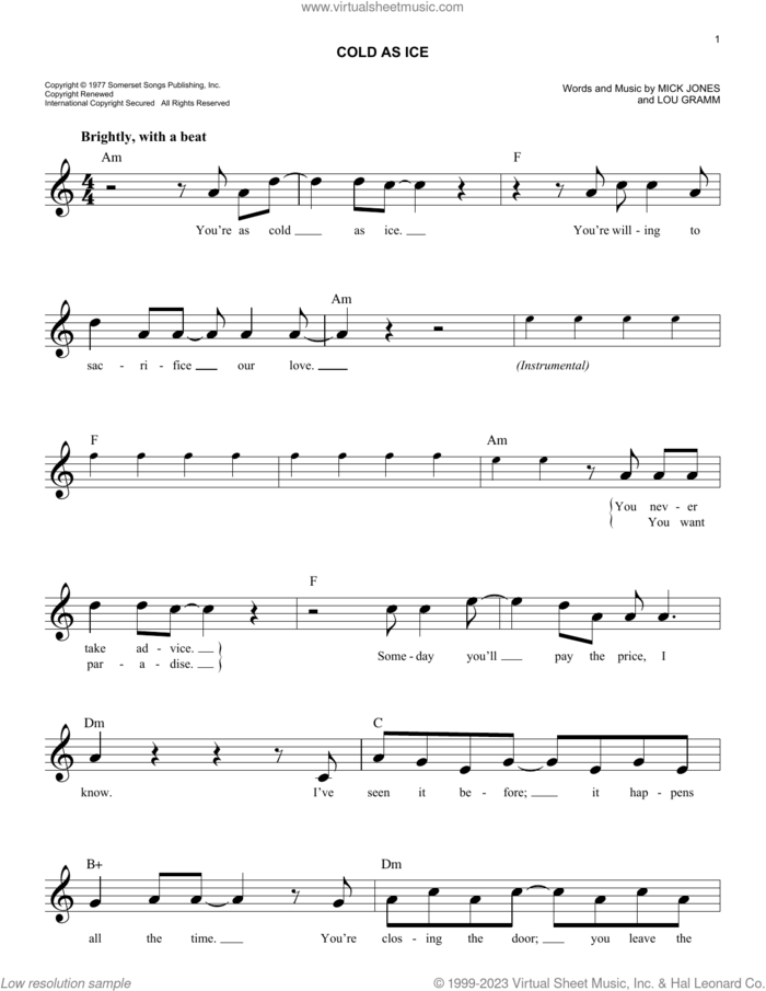 Cold As Ice sheet music for voice and other instruments (fake book) by Foreigner, Lou Gramm and Mick Jones, easy skill level