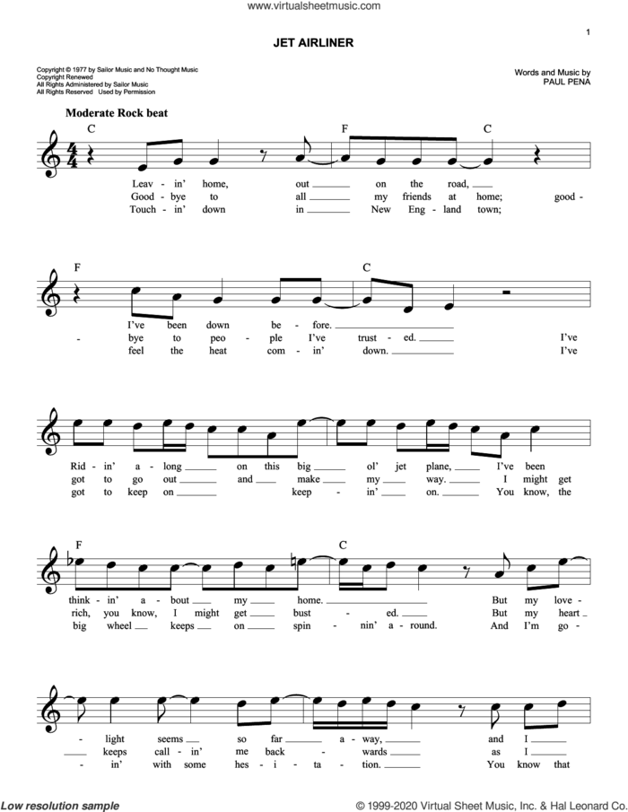 Jet Airliner sheet music for voice and other instruments (fake book) by Steve Miller Band and Paul Pena, easy skill level