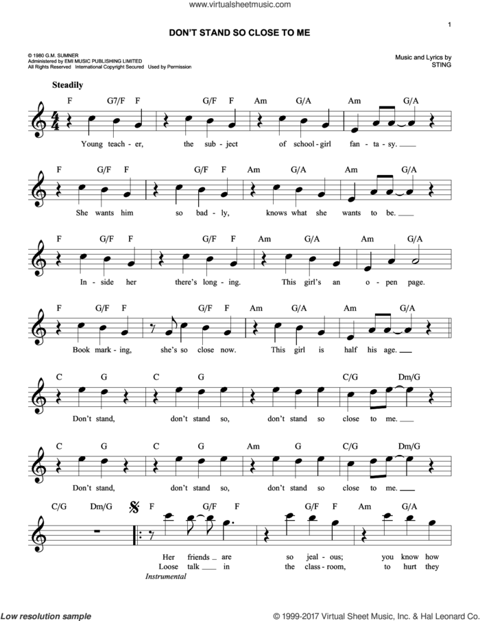 Don't Stand So Close To Me sheet music for voice and other instruments (fake book) by The Police and Sting, easy skill level