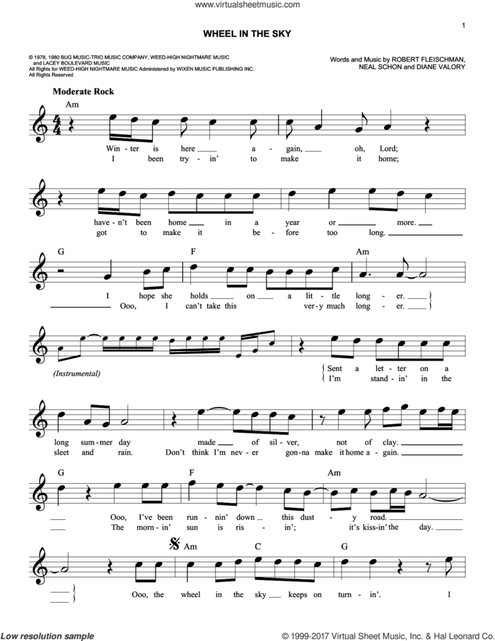 Wheel In The Sky sheet music for voice and other instruments (fake book) by Journey, Diane Valory, Neal Schon and Robert Fleischman, easy skill level