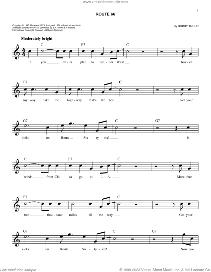 Route 66 sheet music for voice and other instruments (fake book) by Manhattan Transfer and Bobby Troup, easy skill level