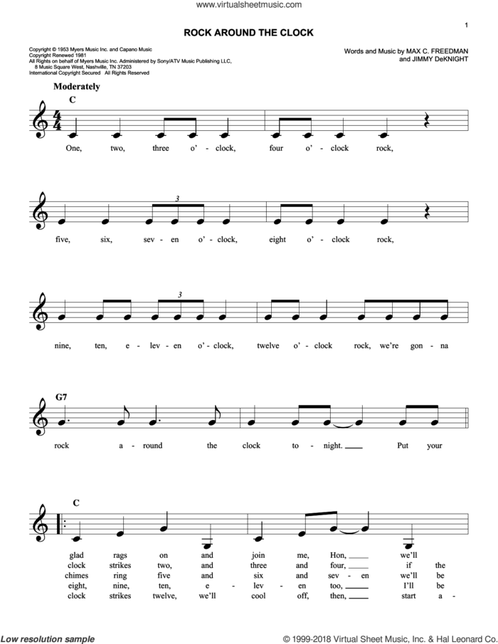 Rock Around The Clock sheet music for voice and other instruments (fake book) by Bill Haley & His Comets, Jimmy DeKnight and Max C. Freedman, easy skill level