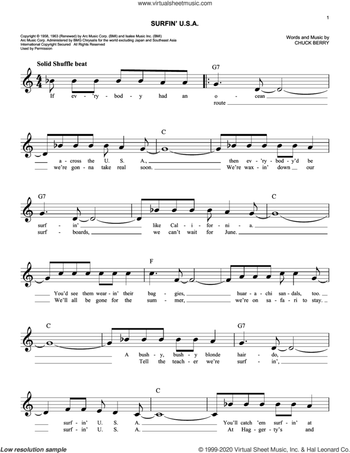Surfin' U.S.A. sheet music for voice and other instruments (fake book) by The Beach Boys and Chuck Berry, easy skill level