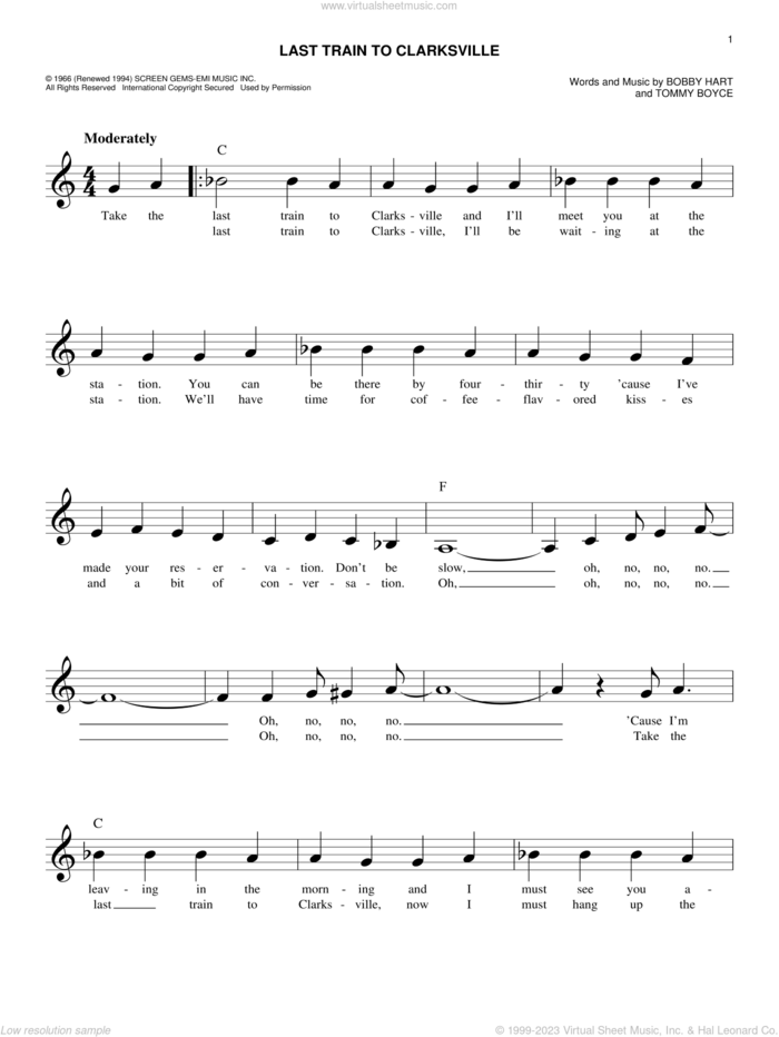 Last Train To Clarksville sheet music for voice and other instruments (fake book) by The Monkees, Bobby Hart and Tommy Boyce, intermediate skill level