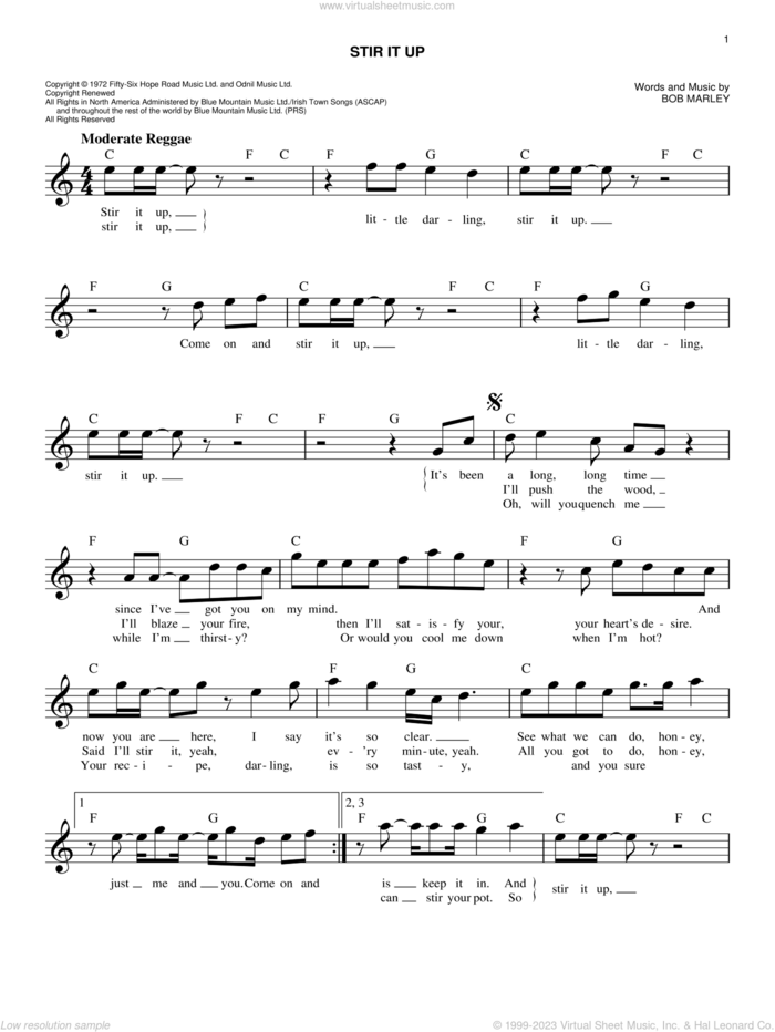 Stir It Up sheet music for voice and other instruments (fake book) by Bob Marley, intermediate skill level