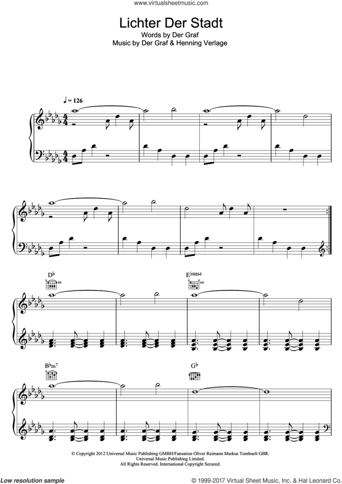 Lichter Der Stadt sheet music for voice, piano or guitar by Unheilig, Der Graf and Henning Verlage, intermediate skill level