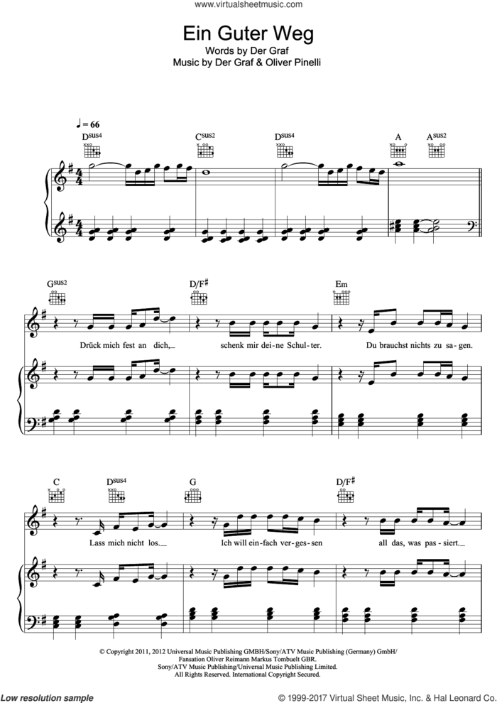 Ein Guter Weg sheet music for voice, piano or guitar by Unheilig, Der Graf and Oliver Pinelli, intermediate skill level