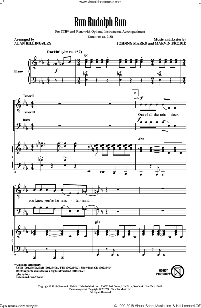 Run Rudolph Run sheet music for choir (TTBB: tenor, bass) by Johnny Marks, Alan Billingsley, Justin Moore and Marvin Brodie, intermediate skill level
