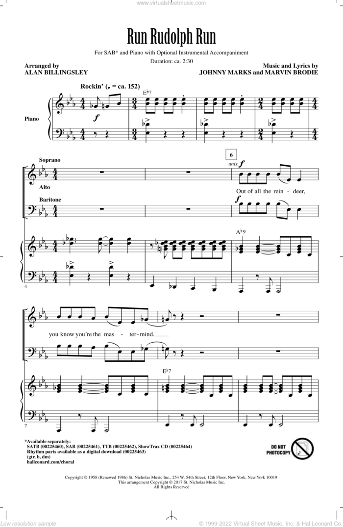 Run Rudolph Run sheet music for choir (SAB: soprano, alto, bass) by Johnny Marks, Alan Billingsley, Justin Moore and Marvin Brodie, intermediate skill level