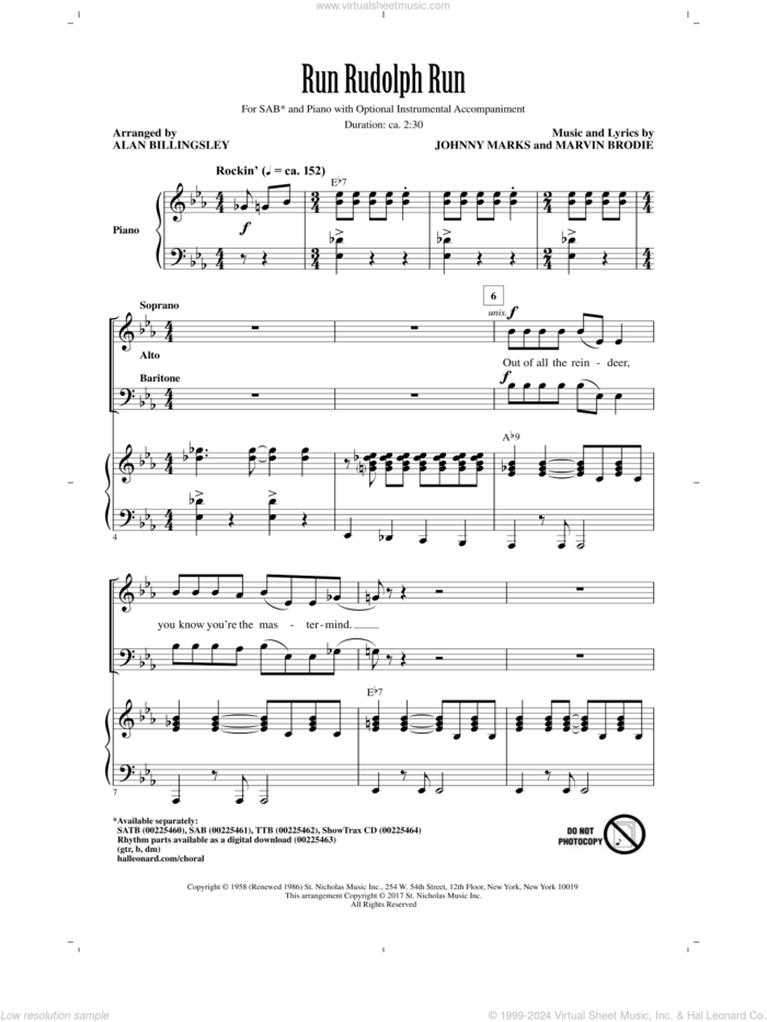 Run Rudolph Run sheet music for choir (SAB: soprano, alto, bass) by Johnny Marks, Alan Billingsley, Justin Moore and Marvin Brodie, intermediate skill level