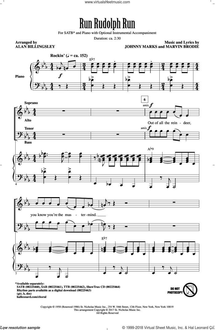 Run Rudolph Run sheet music for choir (SATB: soprano, alto, tenor, bass) by Johnny Marks, Alan Billingsley, Justin Moore and Marvin Brodie, intermediate skill level