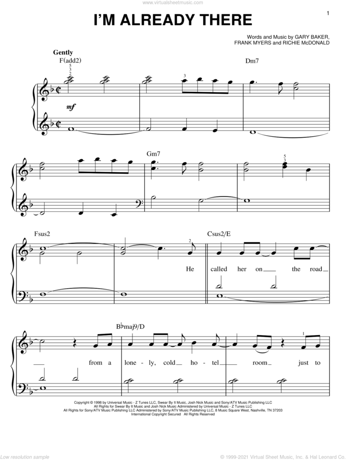 I'm Already There sheet music for piano solo by Lonestar, Frank Myers, Gary Baker and Richie McDonald, easy skill level