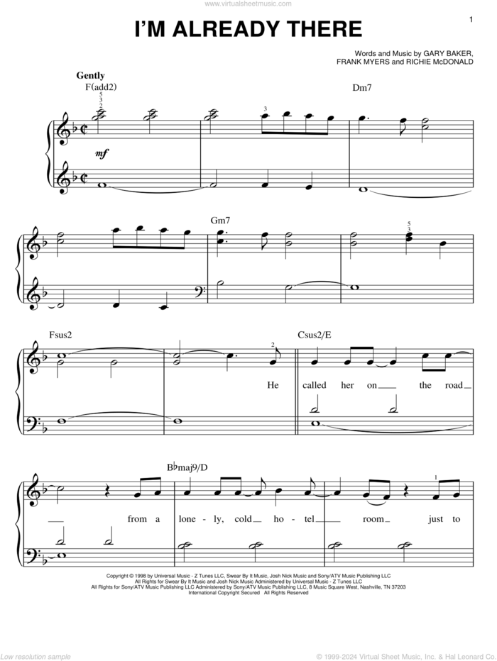 I'm Already There sheet music for piano solo by Lonestar, Frank Myers, Gary Baker and Richie McDonald, easy skill level