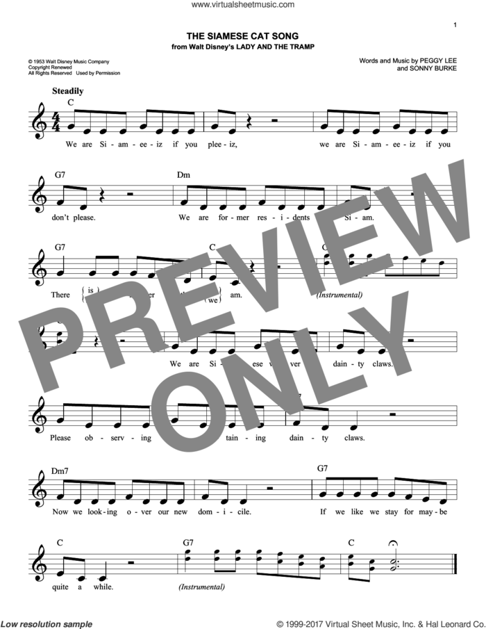 The Siamese Cat Song (from Lady And The Tramp) sheet music for voice and other instruments (fake book) by Peggy Lee and Sonny Burke, intermediate skill level