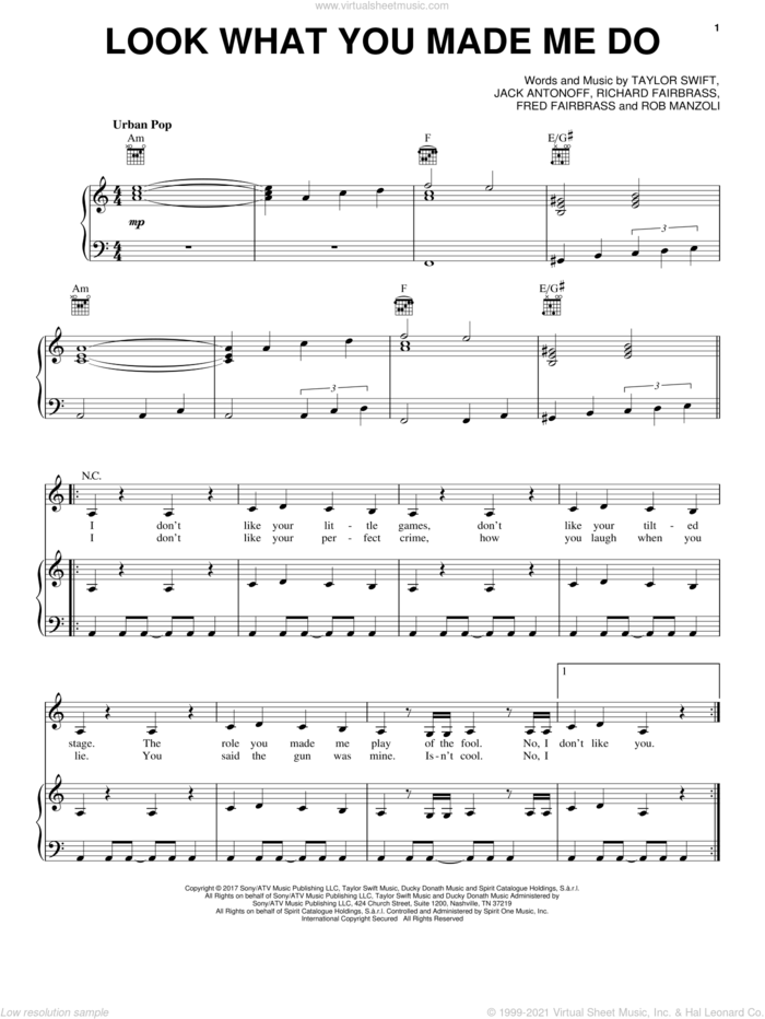 Look What You Made Me Do sheet music for voice, piano or guitar by Taylor Swift, Fred Fairbrass, Jack Antonoff, Richard Fairbrass and Rob Manzoli, intermediate skill level