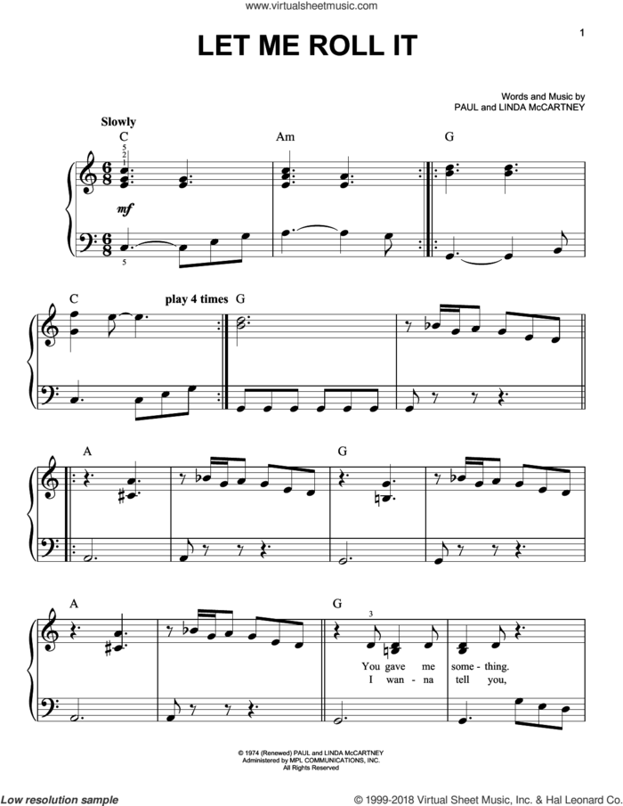 Let Me Roll It sheet music for piano solo by Paul McCartney and Linda McCartney, easy skill level