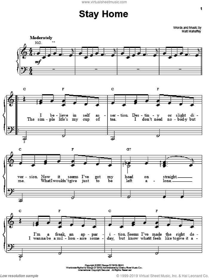 Stay Home sheet music for piano solo by Self, Shrek (Movie) and Matt Mahaffey, easy skill level