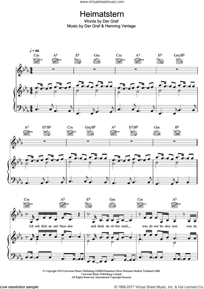 Heimatstern sheet music for voice, piano or guitar by Unheilig, Der Graf and Henning Verlage, intermediate skill level