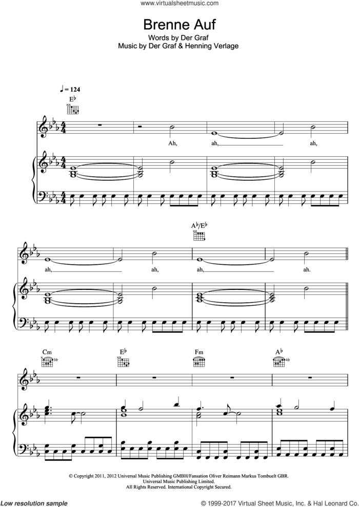 Brenne Auf sheet music for voice, piano or guitar by Unheilig, Der Graf and Henning Verlage, intermediate skill level