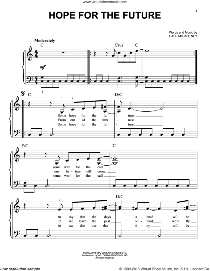 Hope For The Future sheet music for piano solo by Paul McCartney, easy skill level