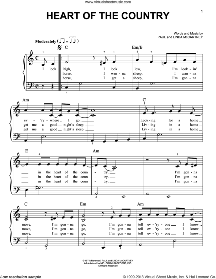Heart Of The Country sheet music for piano solo by Paul McCartney and Linda McCartney, easy skill level