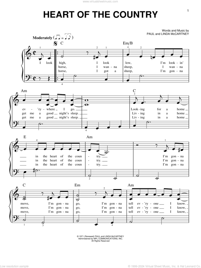 Heart Of The Country sheet music for piano solo by Paul McCartney and Linda McCartney, easy skill level