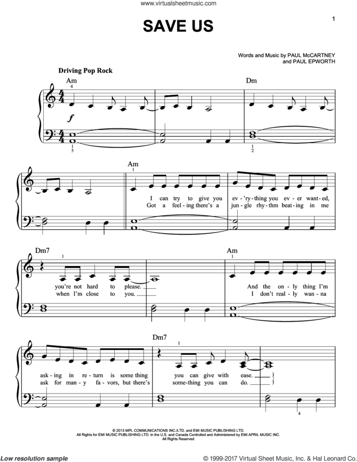 Save Us sheet music for piano solo by Paul McCartney and Paul Epworth, easy skill level