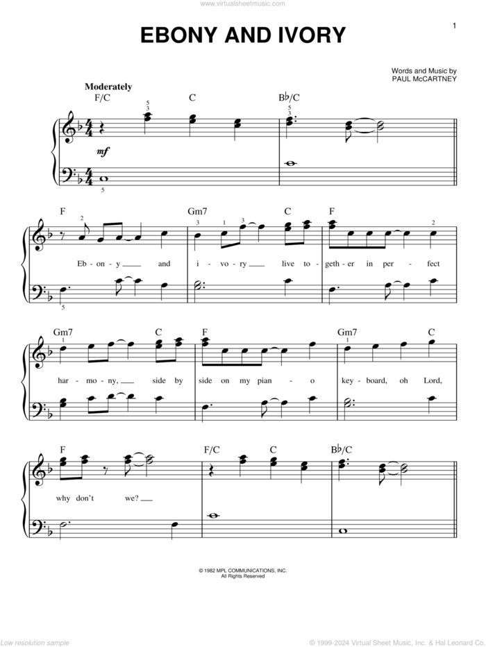 Ebony And Ivory sheet music for piano solo by Paul McCartney and Paul McCartney and Stevie Wonder, easy skill level