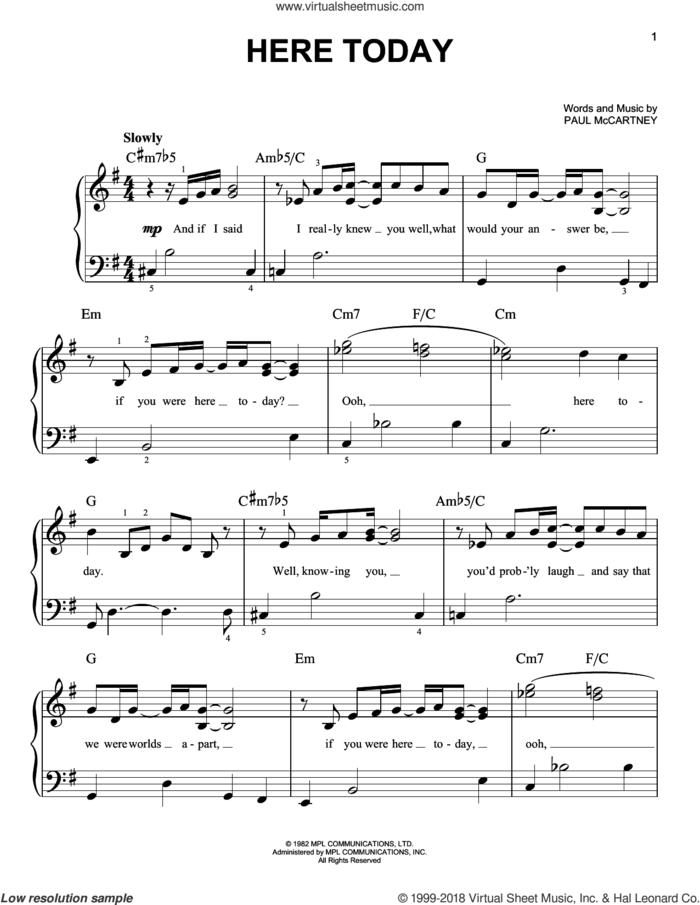 Here Today sheet music for piano solo by Paul McCartney, easy skill level
