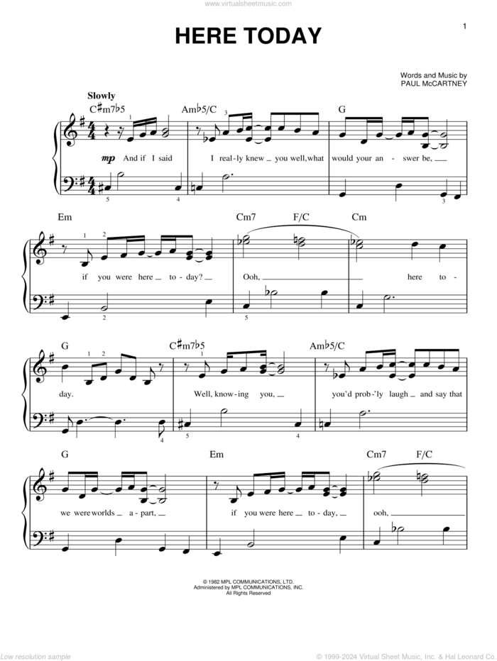 Here Today sheet music for piano solo by Paul McCartney, easy skill level