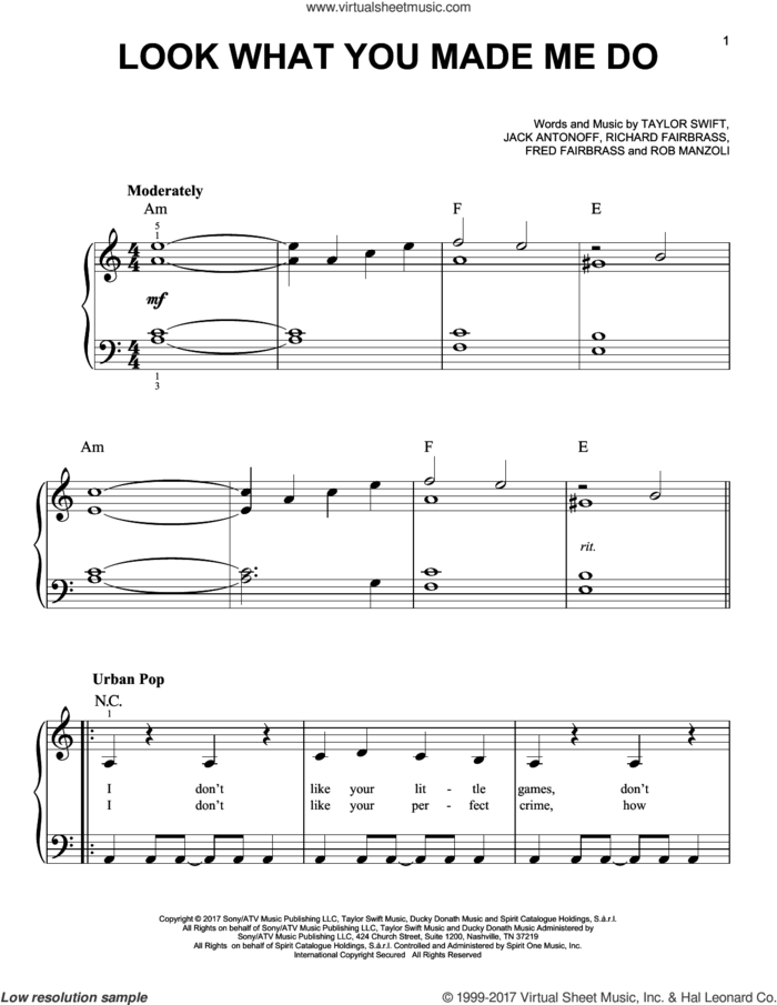 Look What You Made Me Do, (easy) sheet music for piano solo by Taylor Swift, Fred Fairbrass, Jack Antonoff, Richard Fairbrass and Rob Manzoli, easy skill level