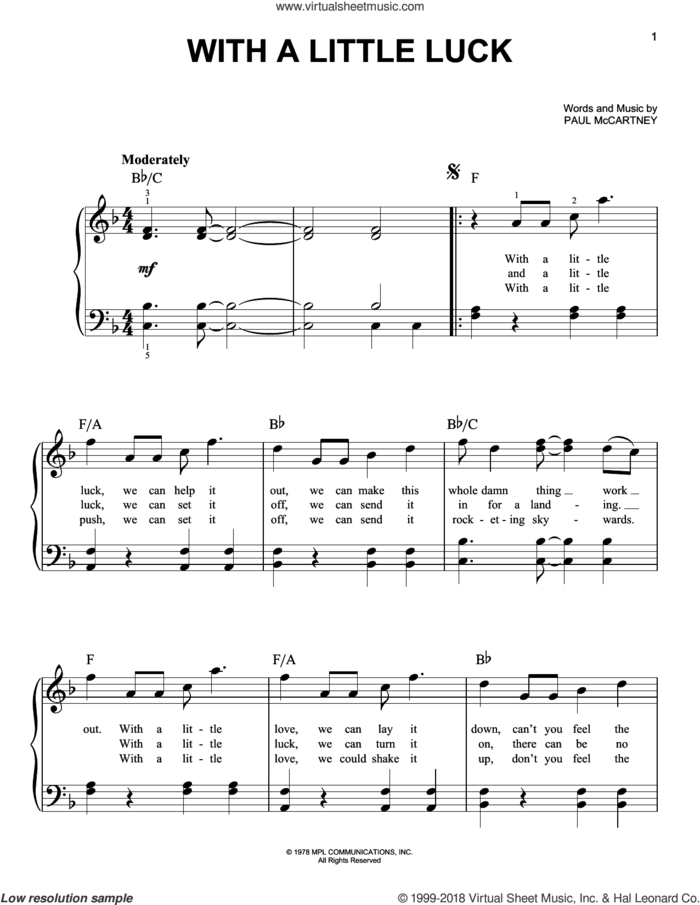 With A Little Luck sheet music for piano solo by Wings and Paul McCartney, easy skill level