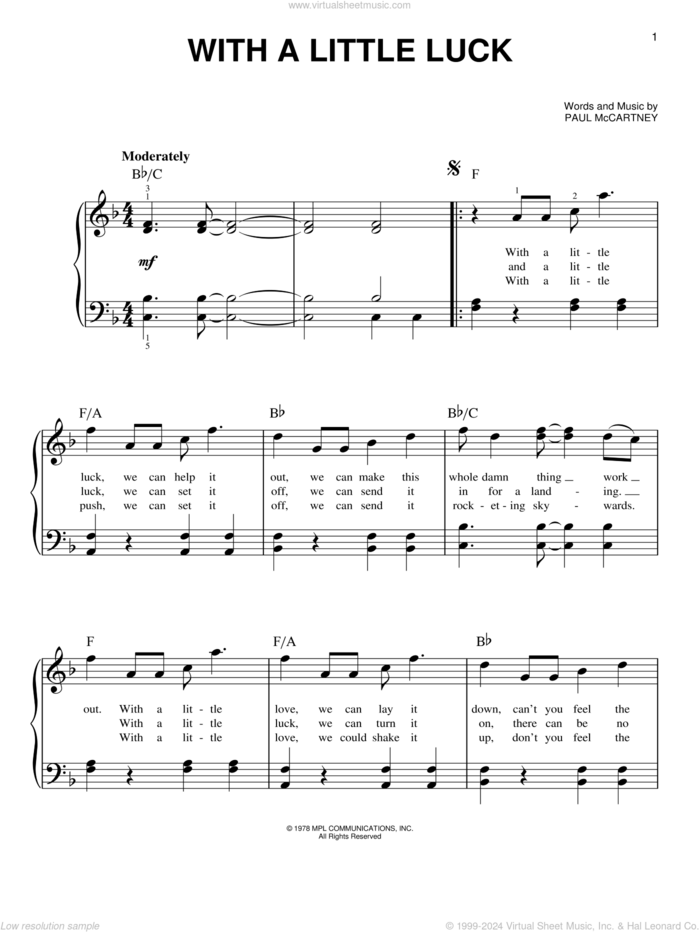 With A Little Luck sheet music for piano solo by Wings and Paul McCartney, easy skill level