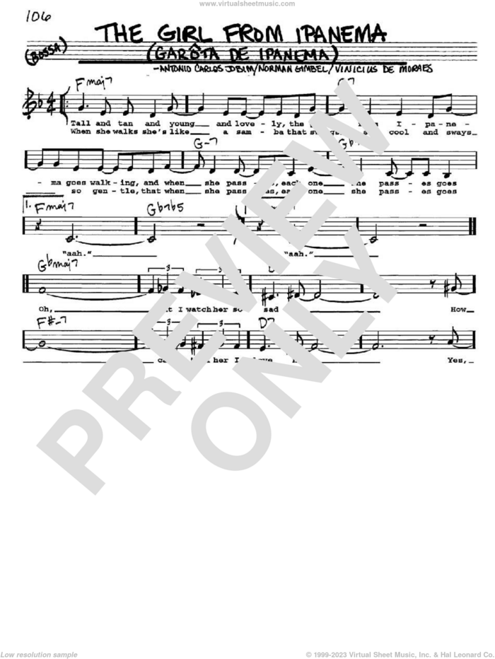 The Girl From Ipanema (Garota De Ipanema) sheet music for voice and other instruments  by Antonio Carlos Jobim, Norman Gimbel and Vinicius de Moraes, intermediate skill level