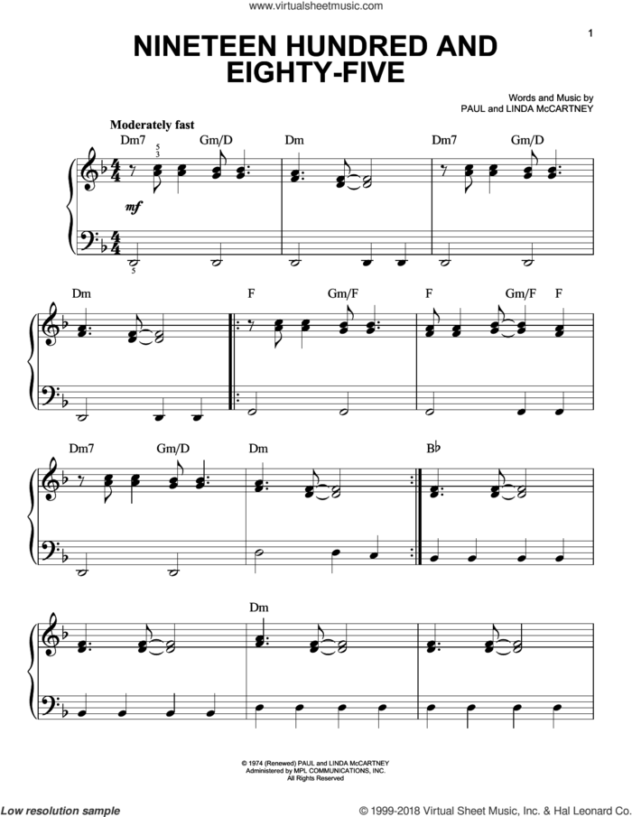 Nineteen Hundred And Eighty-Five sheet music for piano solo by Paul McCartney and Linda McCartney, easy skill level