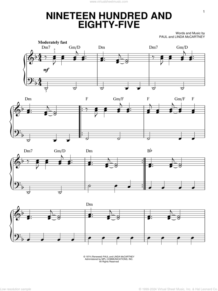 Nineteen Hundred And Eighty-Five sheet music for piano solo by Paul McCartney and Linda McCartney, easy skill level