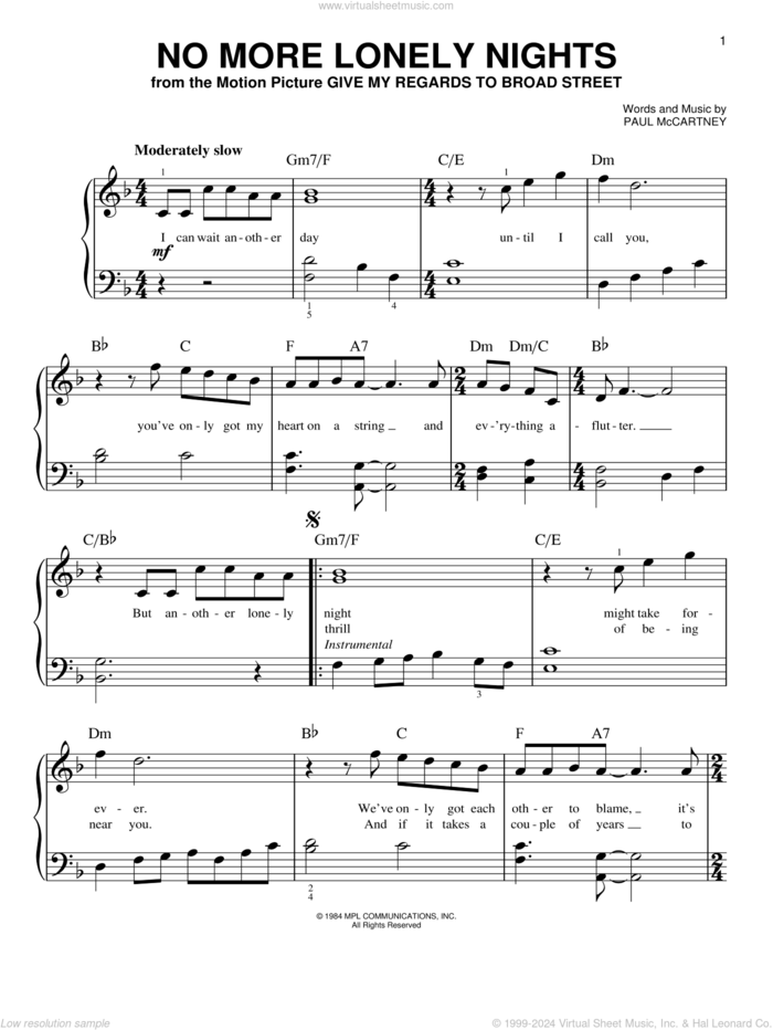 No More Lonely Nights sheet music for piano solo by Paul McCartney, easy skill level