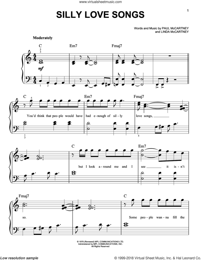 Silly Love Songs sheet music for piano solo by Paul McCartney and Linda McCartney, easy skill level